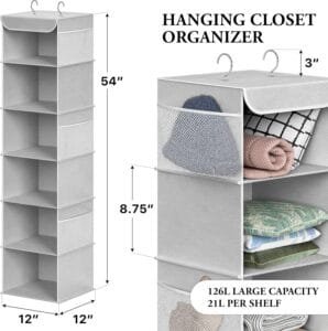 Hanging mesh shelf organizer with a dimensions diagram