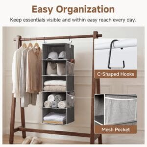 Closet organizer displayed with hook and mesh pocket details