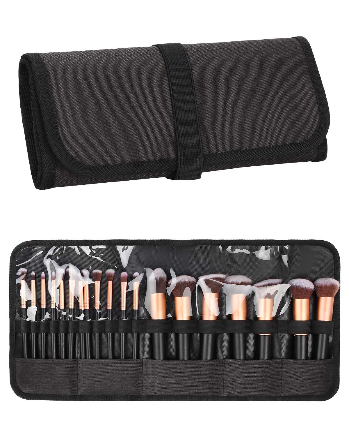 Black makeup brush roll shown closed and open