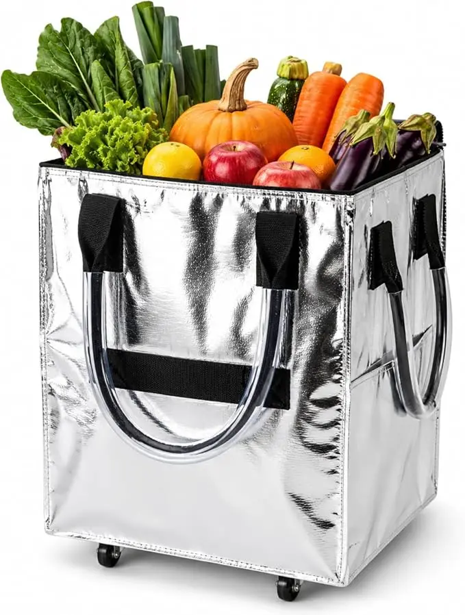 Reflective grocery tote filled with vegetables