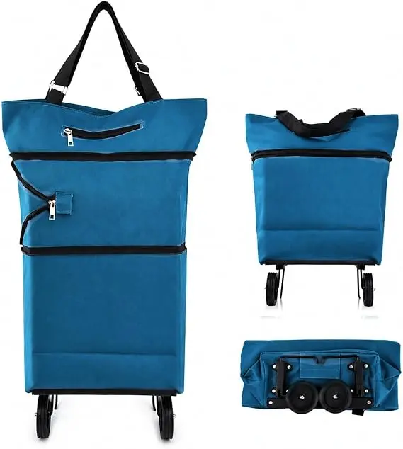 Blue shopping trolley bag shown expanded and folded