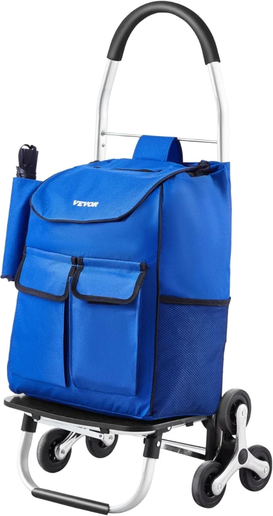 Blue shopping trolley with three-wheel stair-climbing assemblies