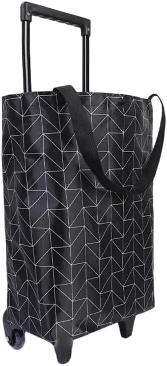 Black patterned wheeled shopping bag with telescoping handle