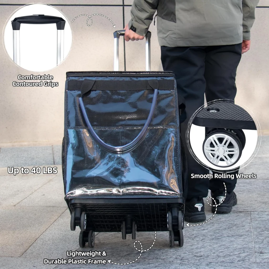 Shopping trolley wheels shown in use and in close-up