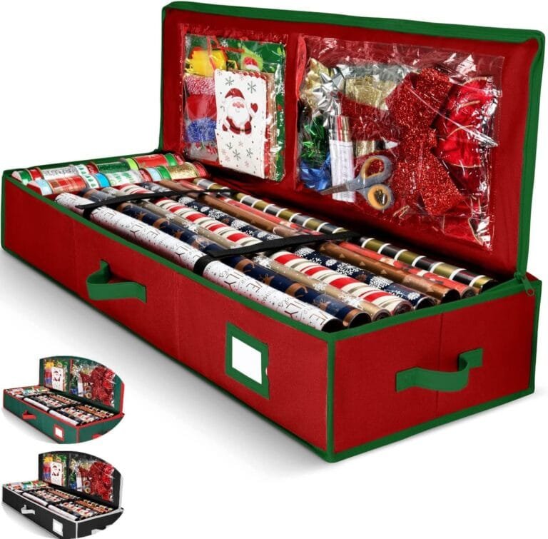 Red and green wrapping paper organizer with compartments and pockets