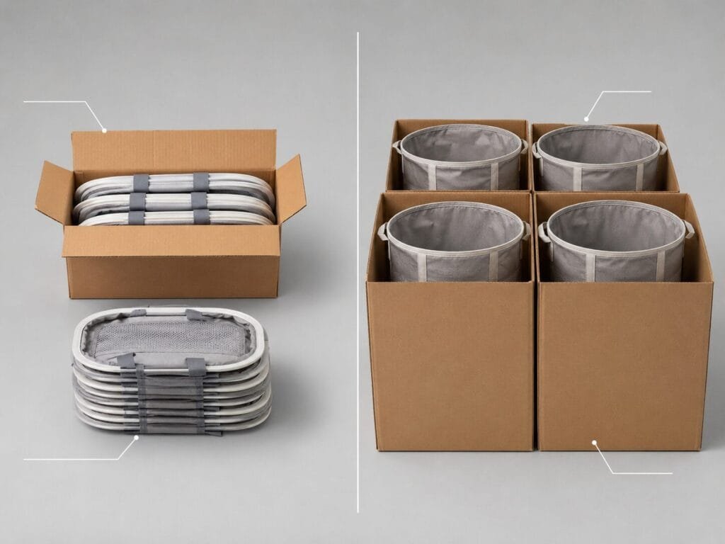 Folded laundry hampers and fabric liners packed in cardboard cartons