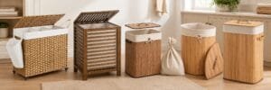Assorted woven and bamboo laundry baskets with lids
