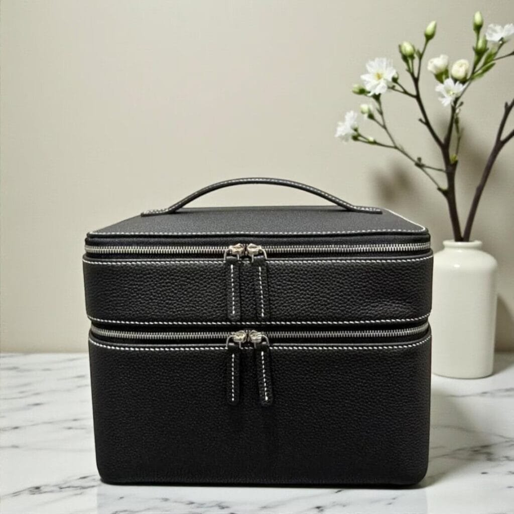 Cosmetic bag lining and reinforced stitching detail