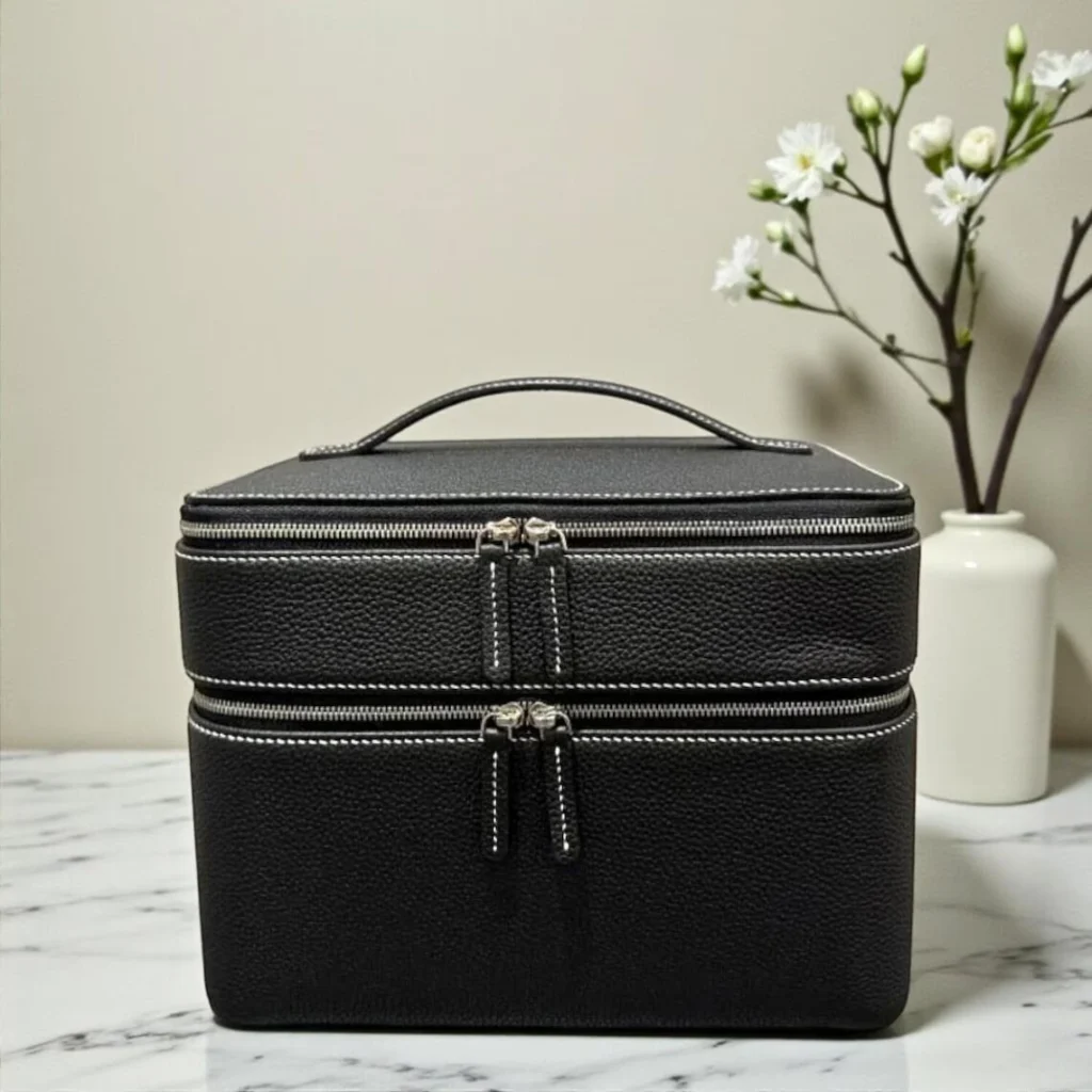Cosmetic bag lining and reinforced stitching detail