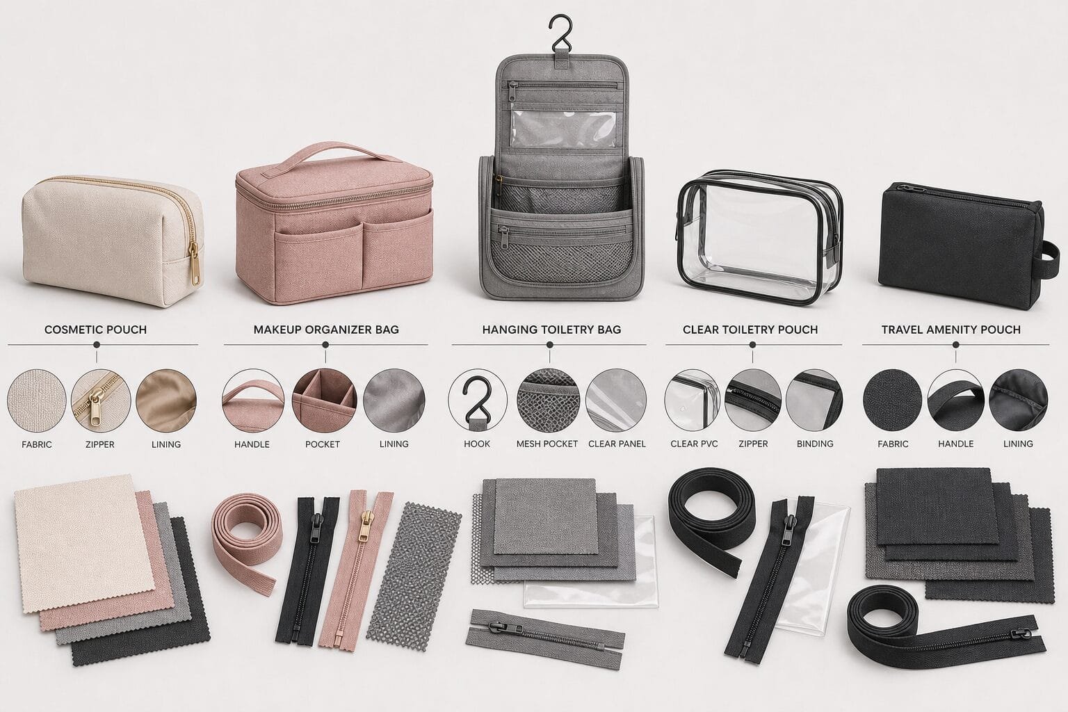 Custom makeup and toiletry bag material and structure options.