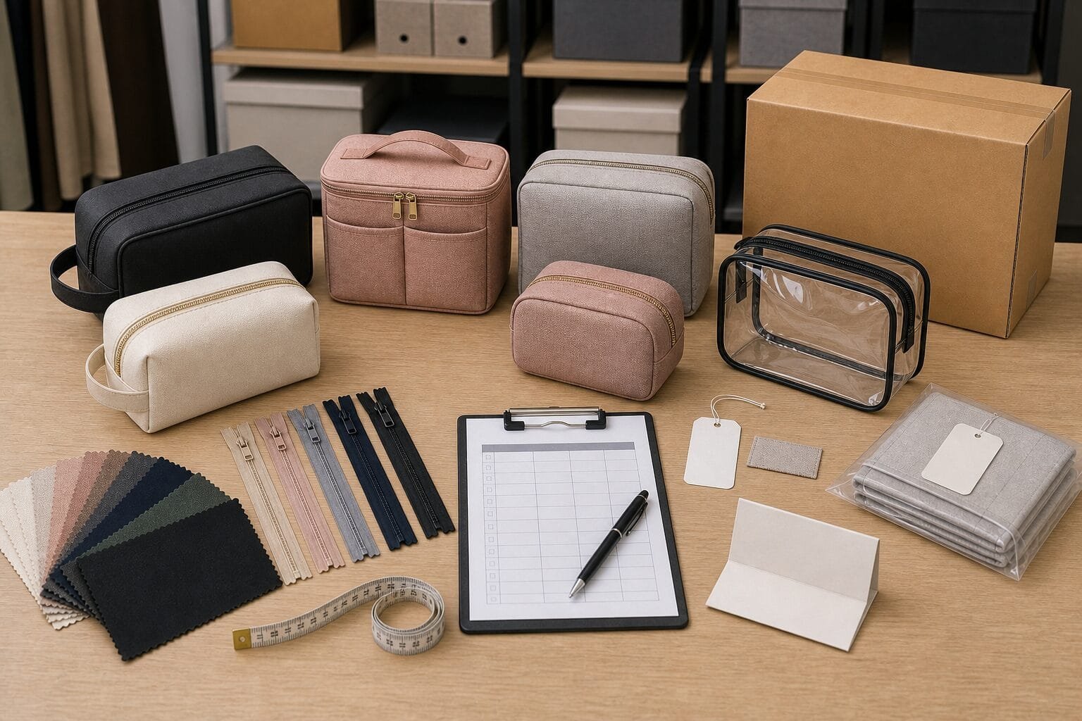 Private label packaging and QC planning for custom makeup and toiletry bags.