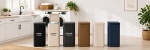Tall laundry hampers in several colors arranged in a row