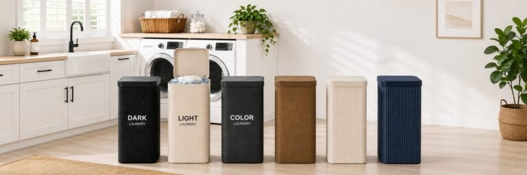 Tall laundry hampers in several colors arranged in a row