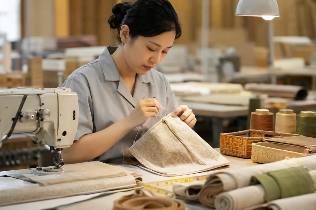 Great Shine craftsperson hand-stitching custom fabric sample