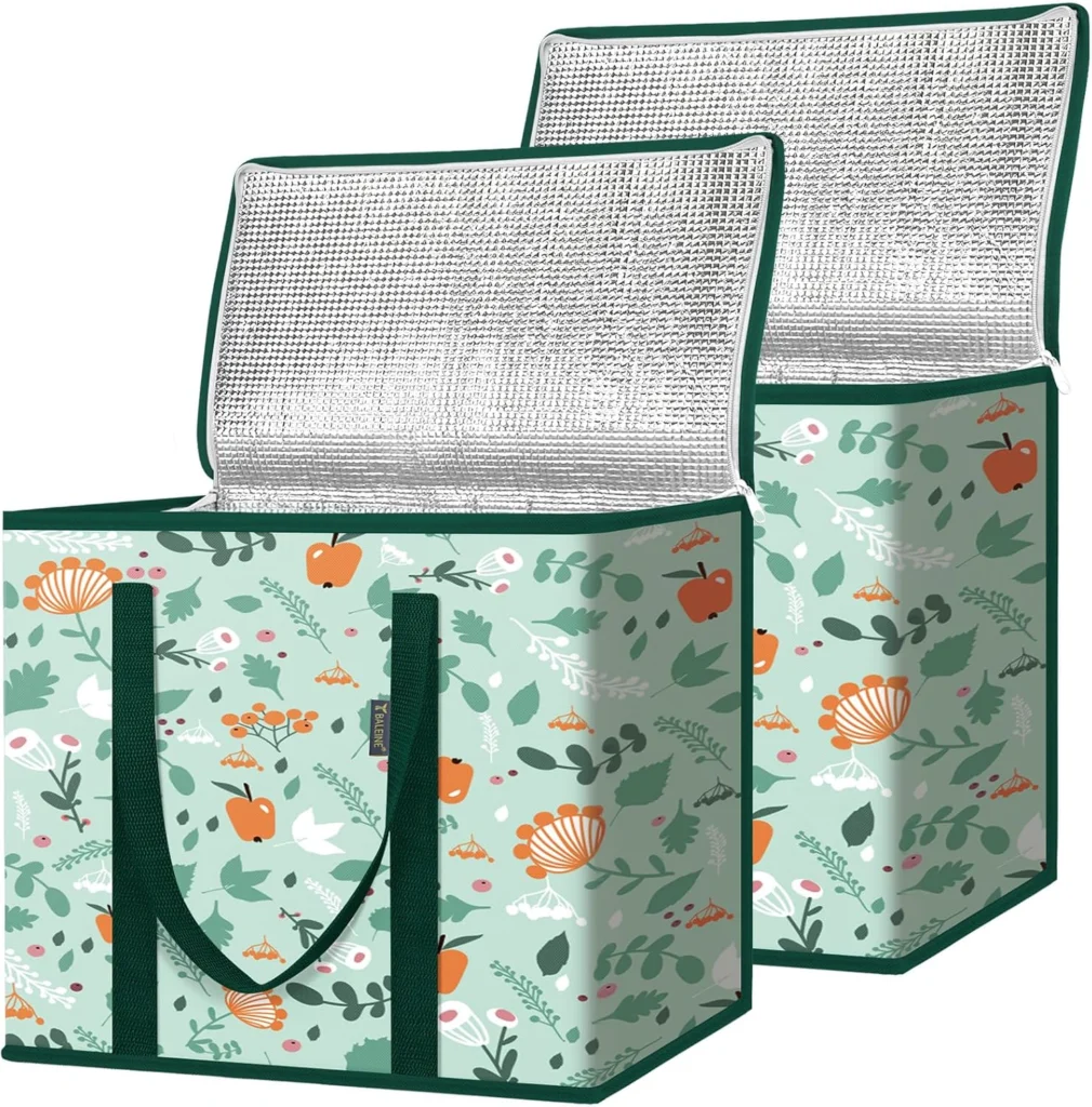 Printed insulated grocery bag with its lid open