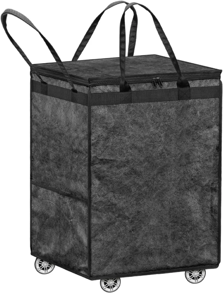 Black shopping tote with carry handles and small wheels