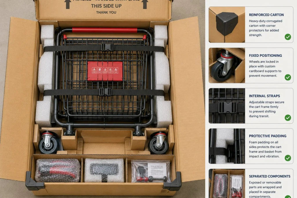 Shopping trolley components arranged in protective carton packaging