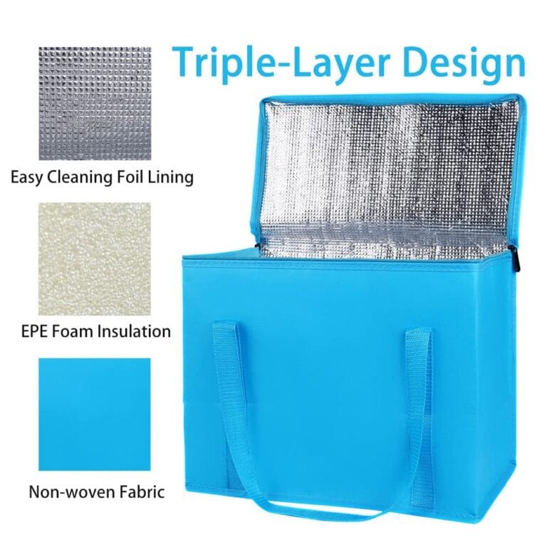 Blue cooler bag cutaway showing three material layers