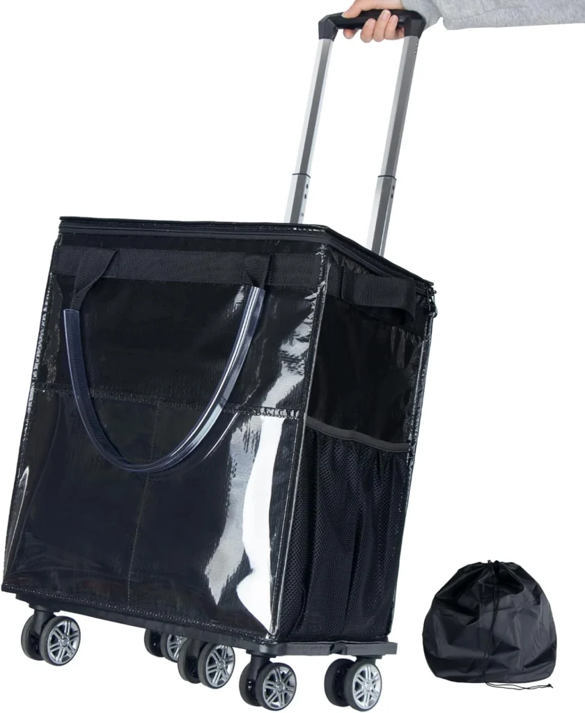 Black shopping trolley bag shown upright and folded into a pouch