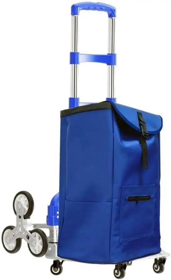 Blue wheeled shopping bag with an extended pull handle