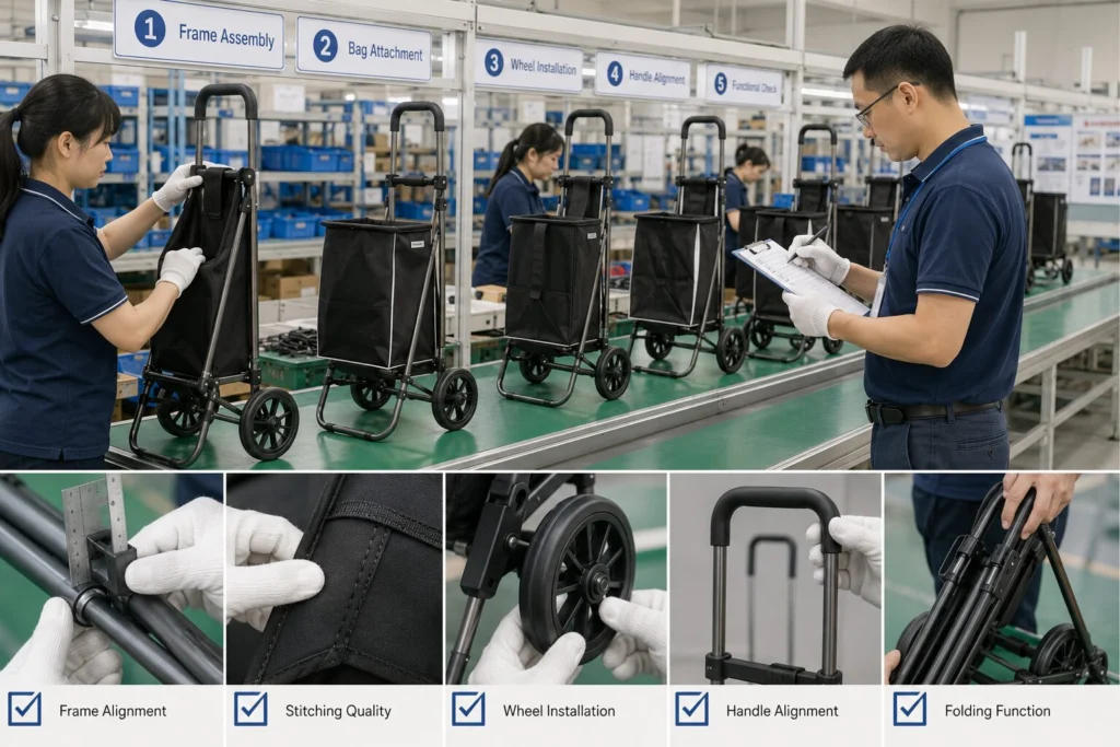 Workers inspecting shopping trolley frames and bags