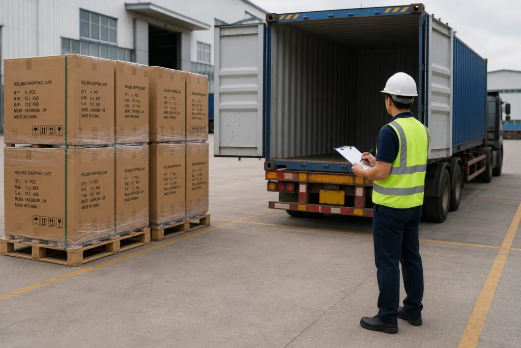 Worker checking shipping cartons beside a loading truck
