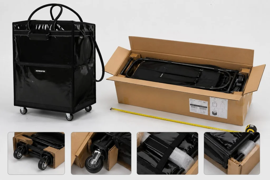 Folded shopping trolley packed in a shipping carton