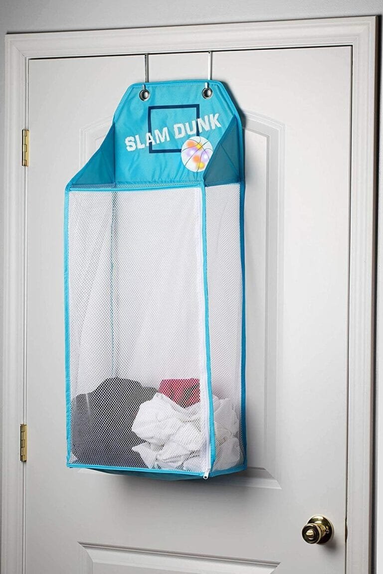 Blue laundry bag hanging over a door