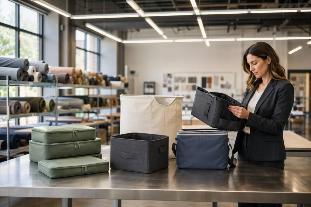 Illustration of a buyer reviewing storage bags in a workshop