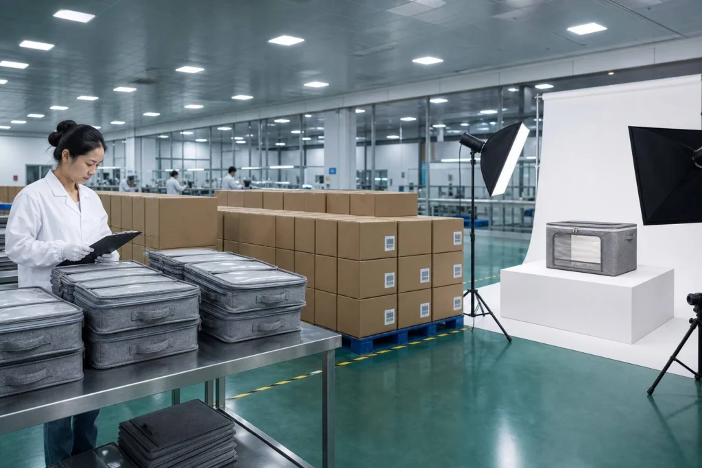 Storage products and cartons being checked in a workshop