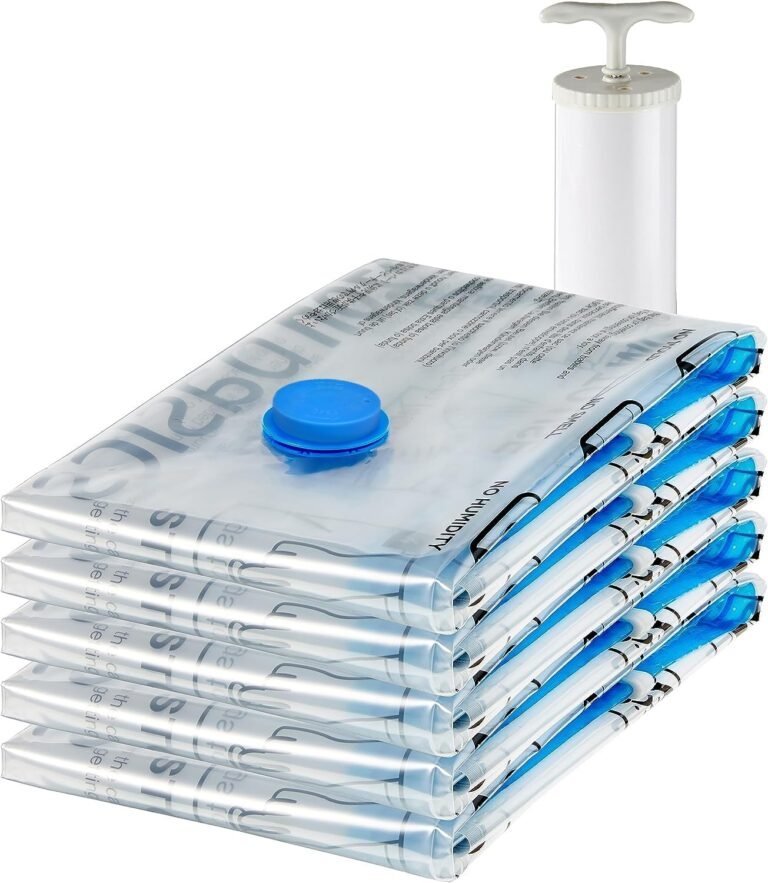 Stacked vacuum storage bags with blue valves and a hand pump