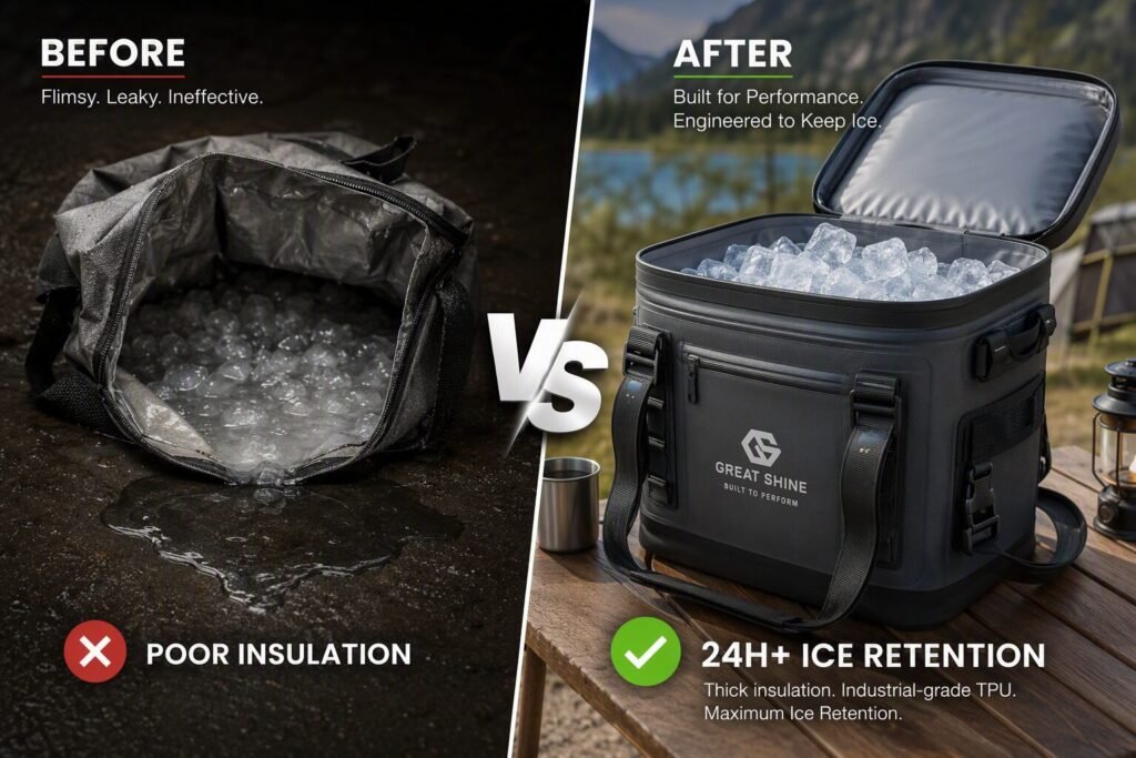 Before and after cooler bag insulation redesign