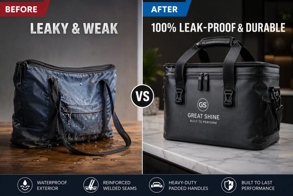 Before and after leakproof cooler bag redesign