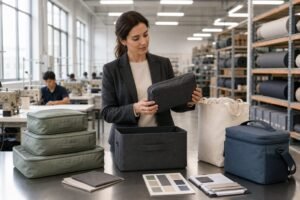 Illustration of a buyer checking storage bags and packaging samples