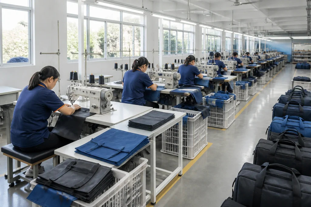 Great Shine sewing production line for reusable grocery bags and packable duffles