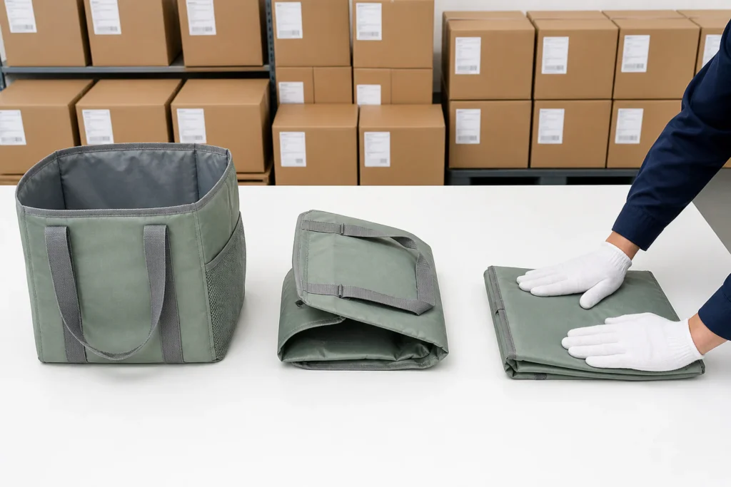 K/D flat-pack folding process showing three stages from open bag to compressed flat pack for FBA shipping