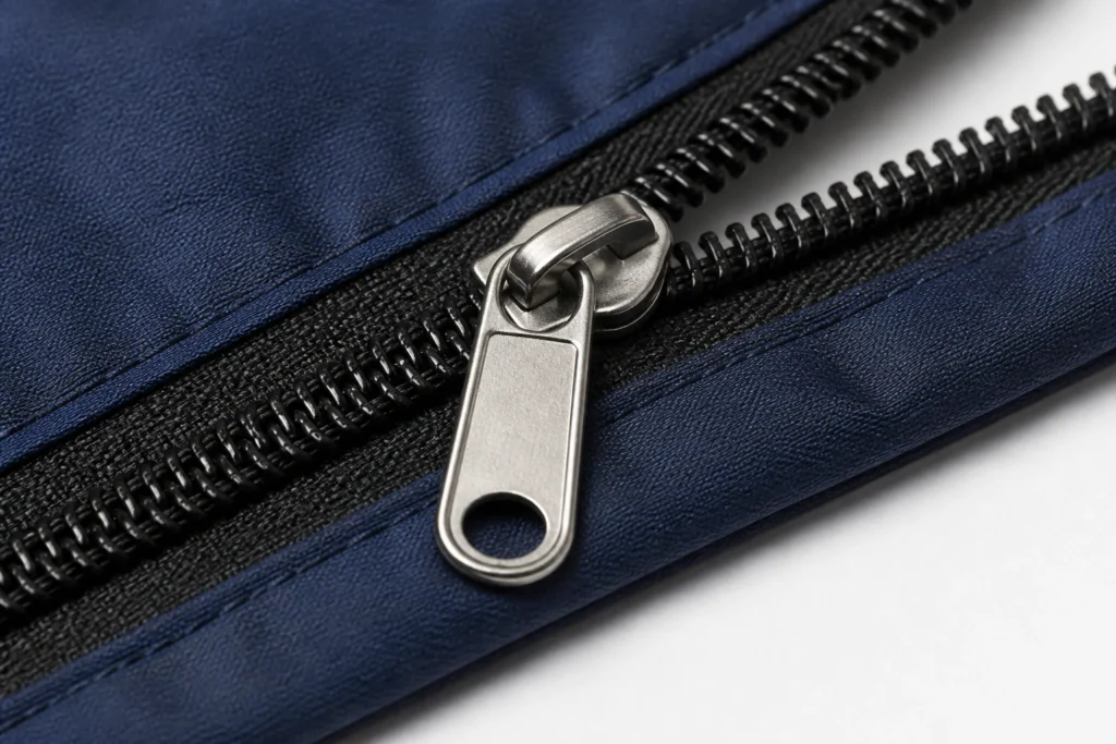 Macro close-up of a heavy-duty zipper and metal pull on a packable duffle