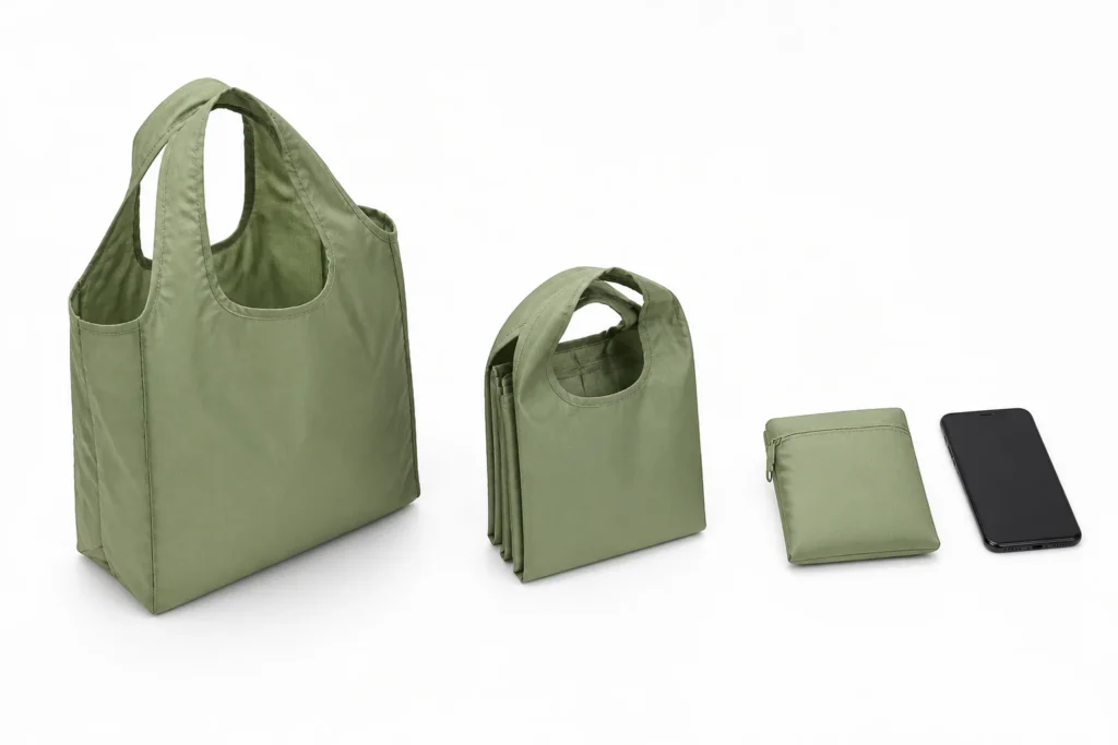 Three-stage folding comparison with an open grocery tote, half-folded bag and compressed flat pouch