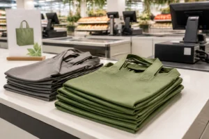 Reusable grocery tote bags at a supermarket checkout counter replacing single-use plastic