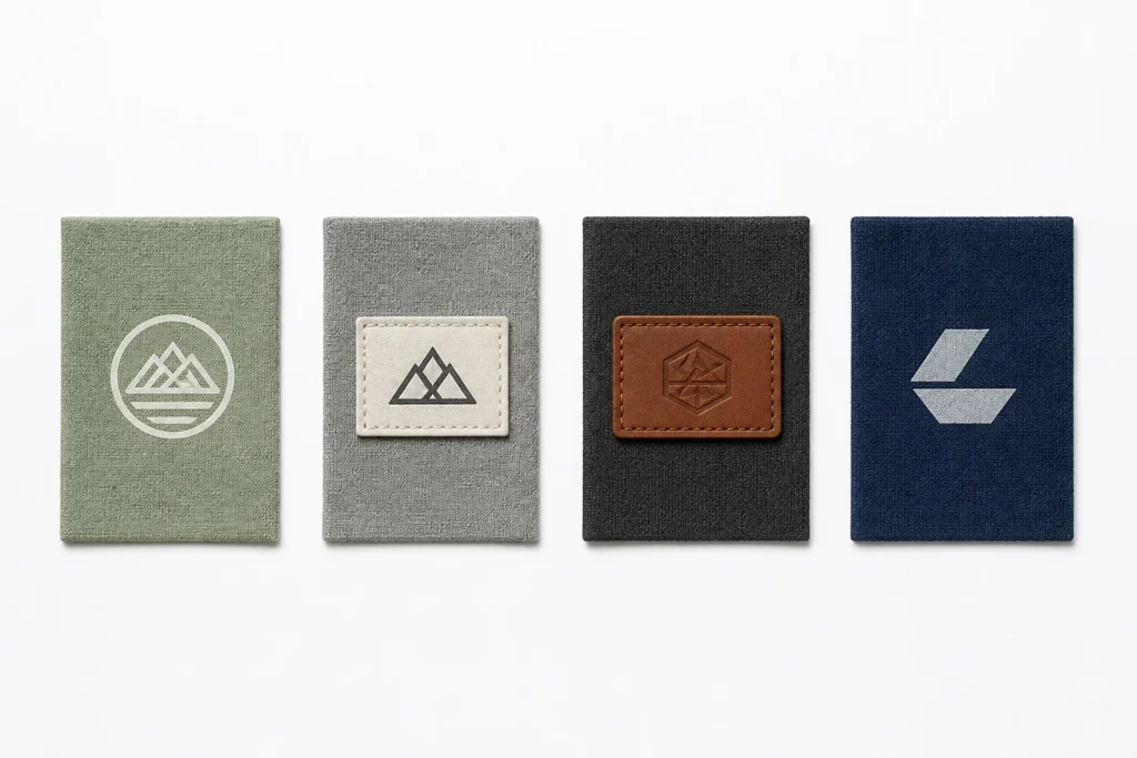 Logo branding samples showing screen print, woven label, PU leather patch and heat transfer