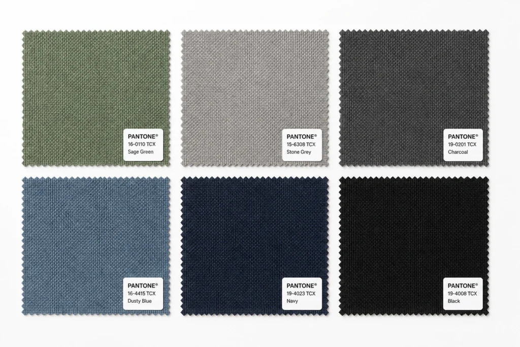 Fabric color swatches in sage green, grey, charcoal, dusty blue, navy and black