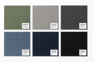 Fabric color swatches in sage green, grey, charcoal, dusty blue, navy and black
