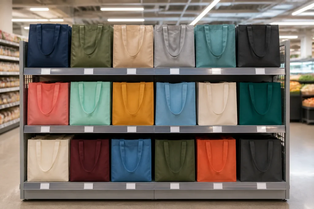 Retail grocery store shelf display with reusable tote bags in multiple colors