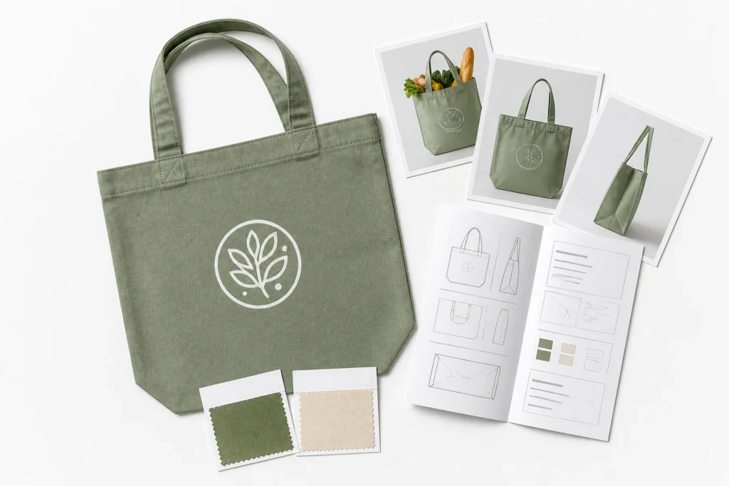 Free sample kit with a custom logo grocery tote, product photos, specification sheet and fabric swatches