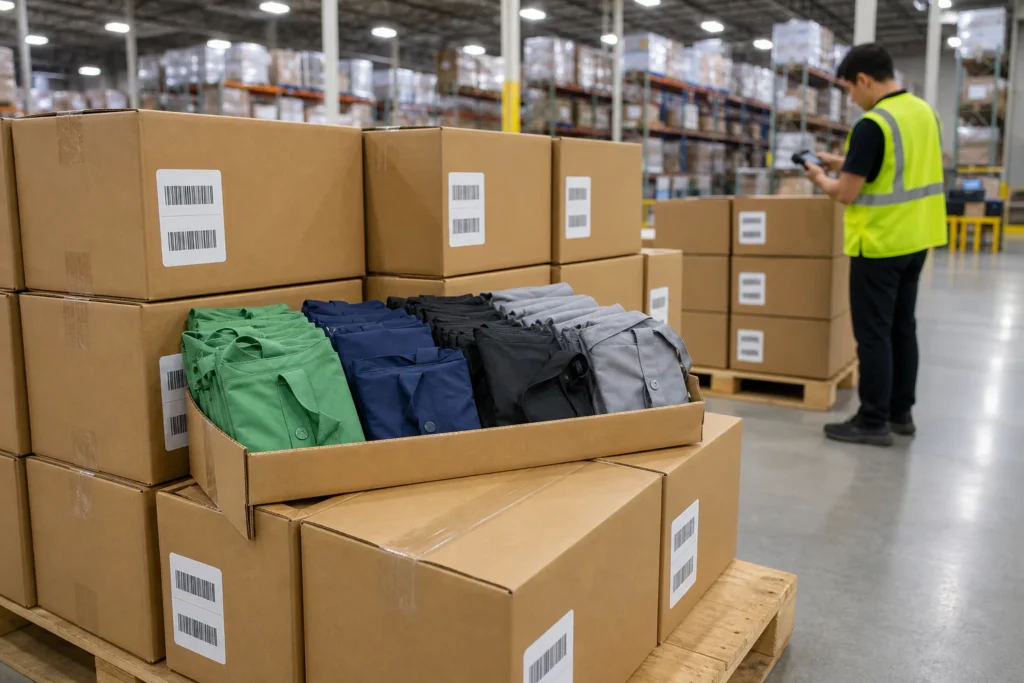 FBA warehouse with labeled shipping cartons of packable bags on pallets