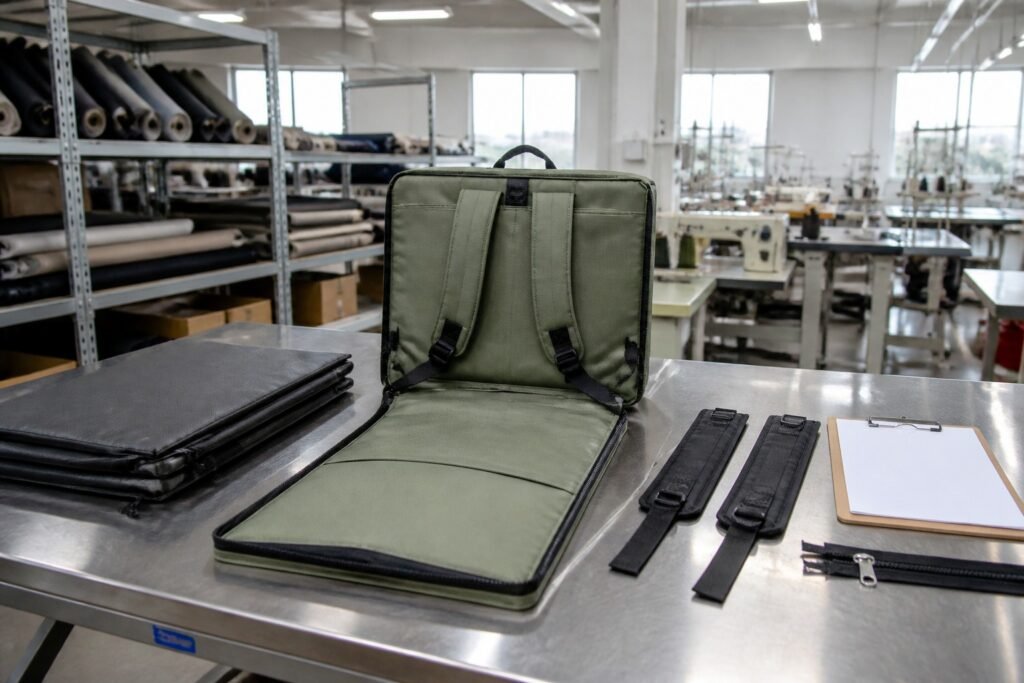 Sage green moving bag with backpack straps and zipper details