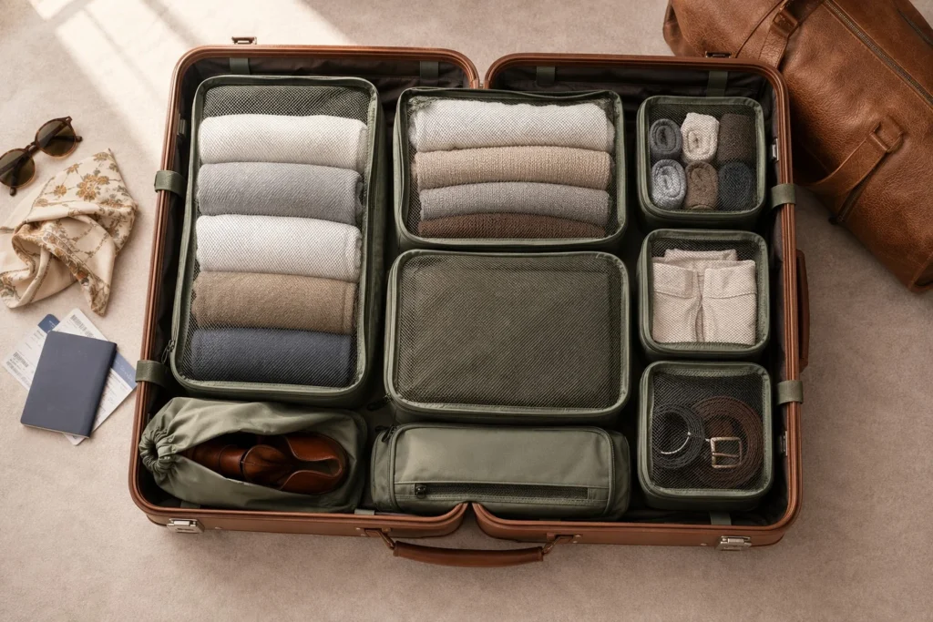 Packing cubes efficient arrangement in suitcase - how much fits demonstration