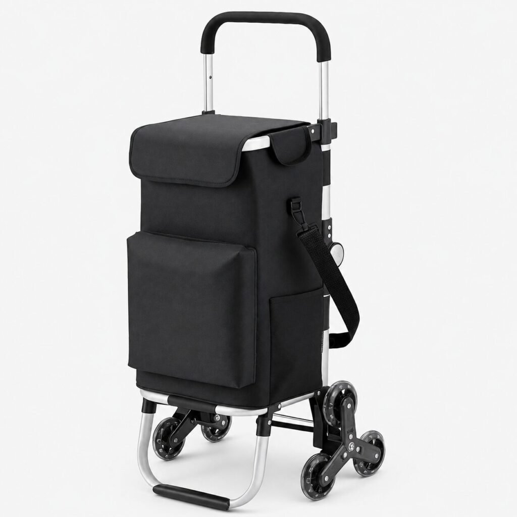 Stair-climbing shopping cart with storage pockets