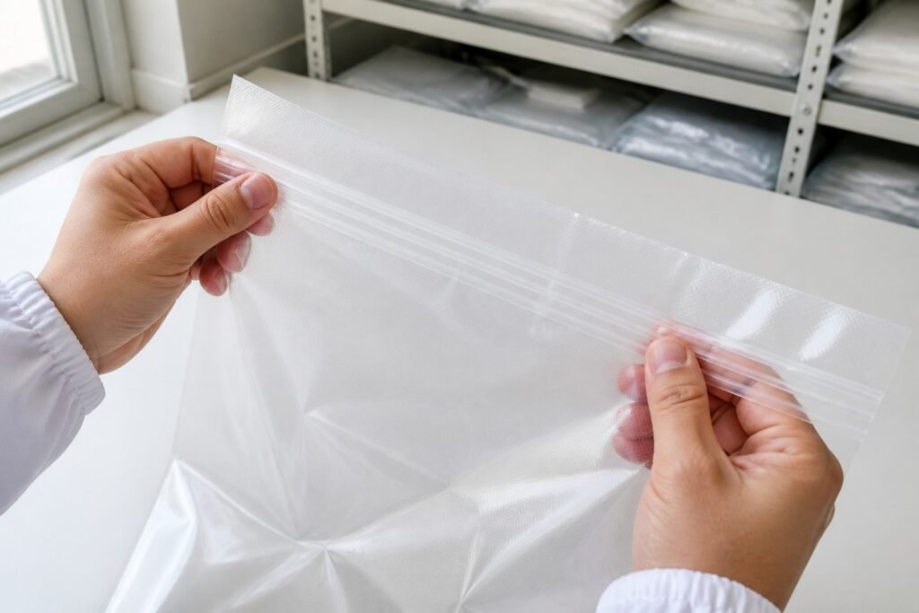 QC inspector checking triple-seal zipper closure on transparent vacuum bag