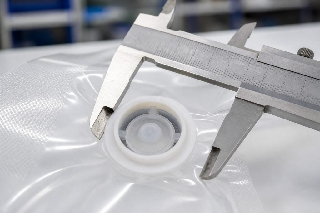 Close-up of one-way valve on transparent vacuum bag with caliper measurement